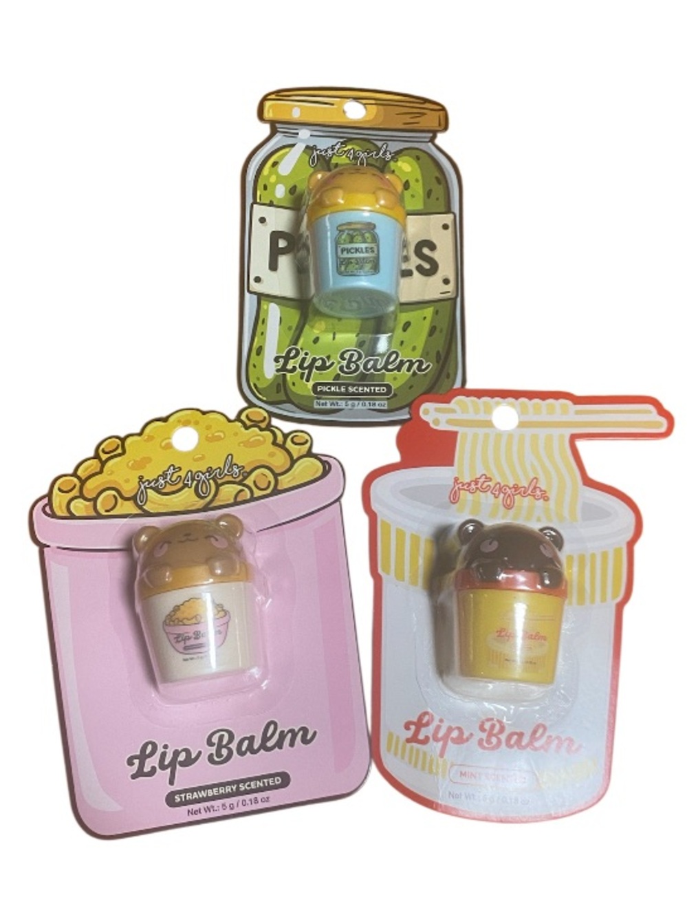 Lip Balm Trio — Strawberry (Pink), Pickle (Green) & Mint (Yellow)